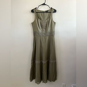 J. Crew Midi Dress - Olive‎ Green Lace Trim - Size Small Tall